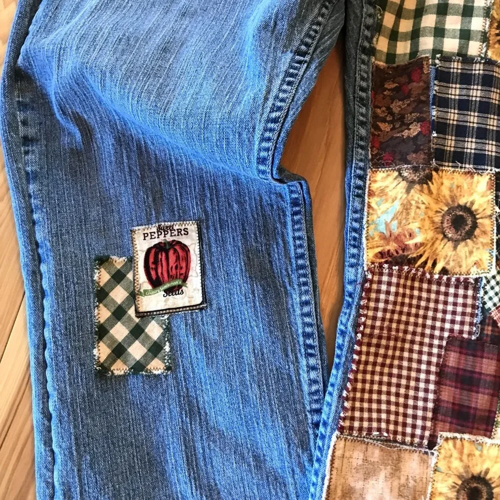 Upcycled Patchwork Jeans, Spring Garden Sunflower Plaid Patches Reworked Sz 16P